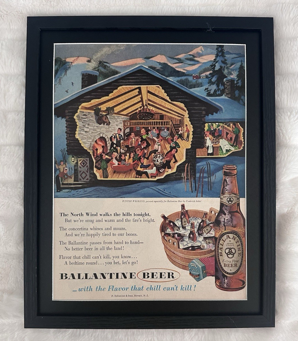 Framed 1954 Original Magazine Ad Ballantine Ale Beer Winter Weekend North Wind